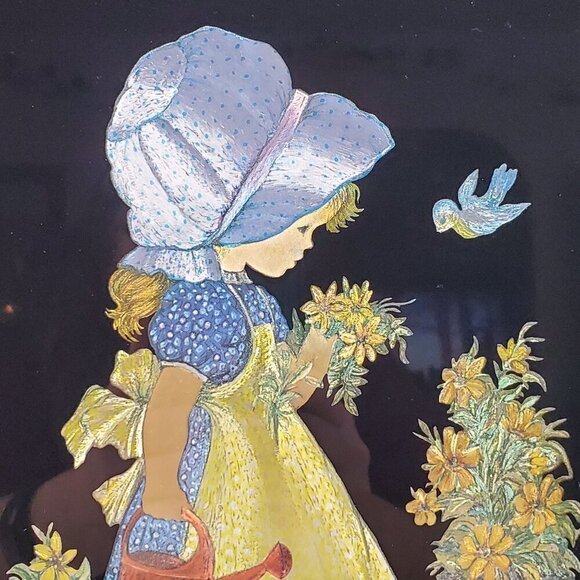 VTG 1951 Holly Hobbie Foiled Picture Tinsel Wall Art With Gold Frame Americana - Picture 4 of 16